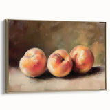 Framed canvas featuring a vintage poster art of assorted fruits in muted earth tones, ideal for bedroom wall decor.