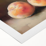 Art deco poster featuring an array of colorful fruits on a rolled canvas, suitable for dining room or kitchen decor.