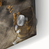 Large abstract wall art with autumnal hues on acrylic glass, ideal for dining room decor in a mid-century modernist style.