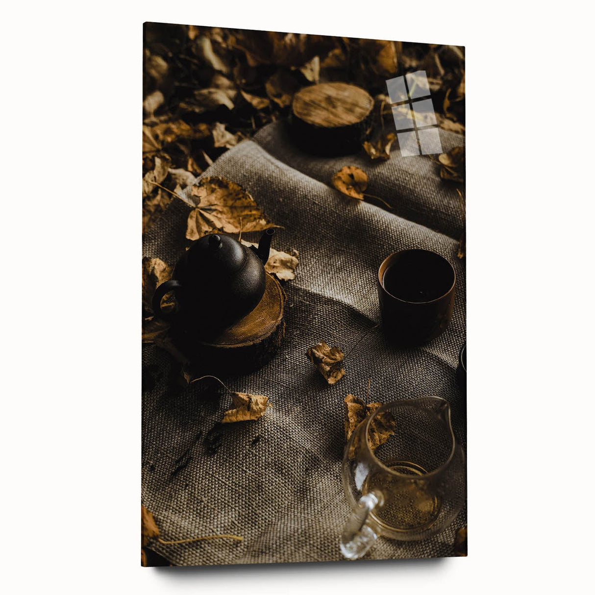 Large abstract wall art in warm autumn hues on acrylic glass, suitable for bedroom or dining room decor.