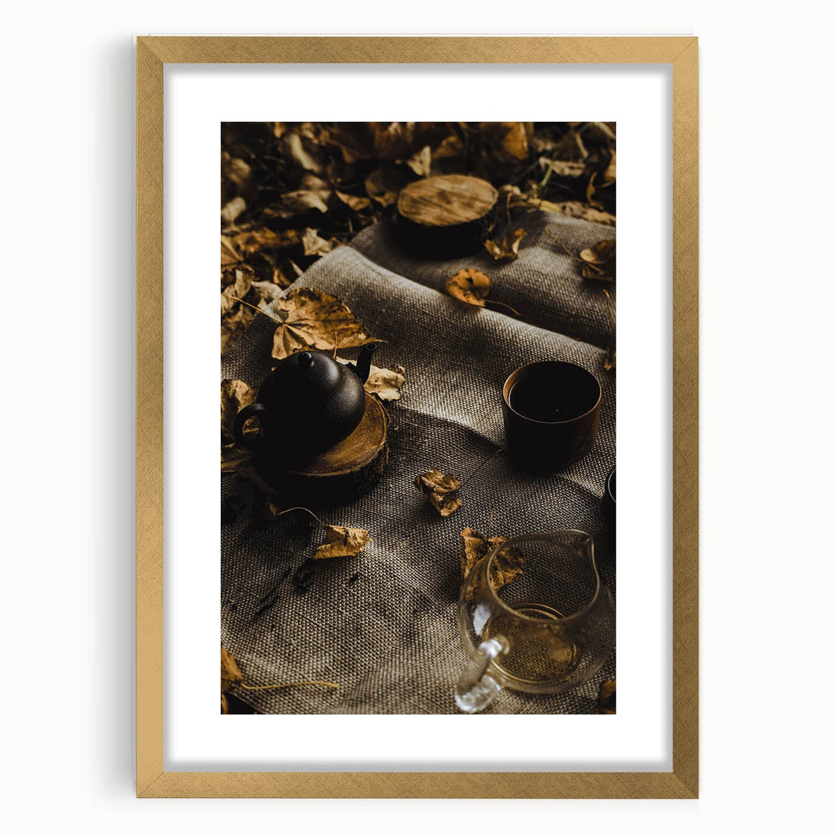 Extra large abstract art print with textured autumn hues on canvas, framed in gold, ideal for living room decor.