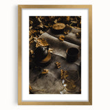 Extra large abstract art print with textured autumn hues on canvas, framed in gold, ideal for living room decor.
