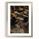Textured abstract art print depicting autumnal hues on a silver-framed canvas, suitable for bedroom decor.
