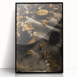 Large abstract wall art featuring fall-themed colors in a mid-century modernist style, framed in black acrylic.