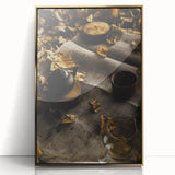 Large art print of a mid-century modernist autumn scene in warm gold tones, acrylic framed, ideal for modern nursery decor.