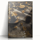 Mid-century modernist art featuring an abstract fall scene in orange and brown tones, silver-framed acrylic print.