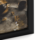 Close-up of extra large framed canvas featuring textured black wall art with colorful, abstract fall motifs.