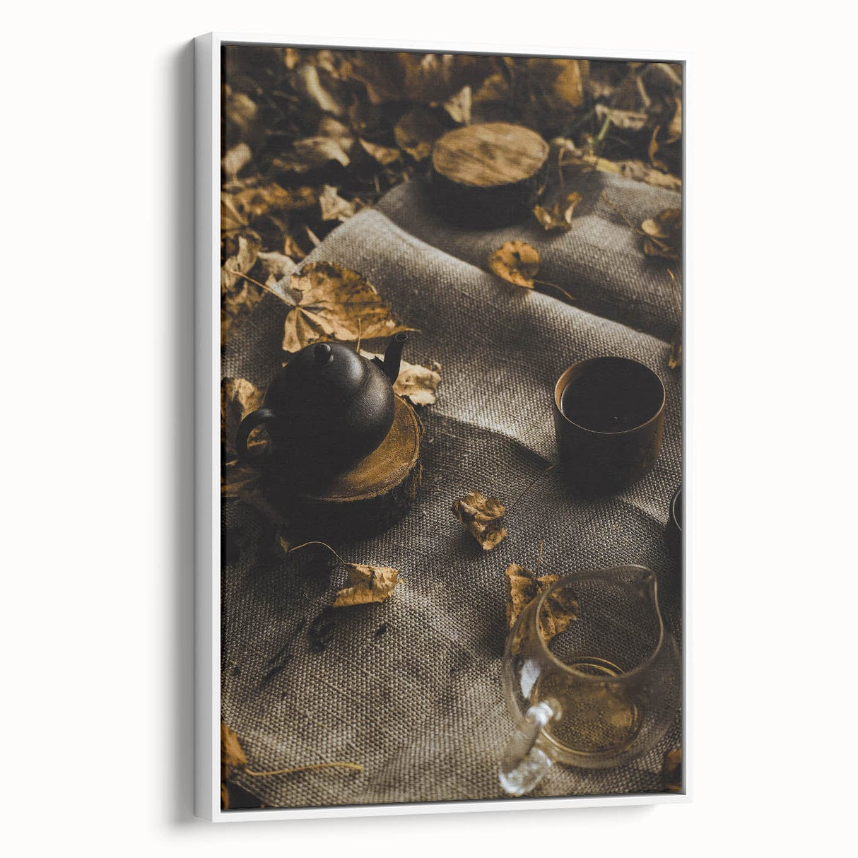 Vintage poster art depicting an autumnal forest scene on a framed canvas, featuring a palette of warm fall colors.