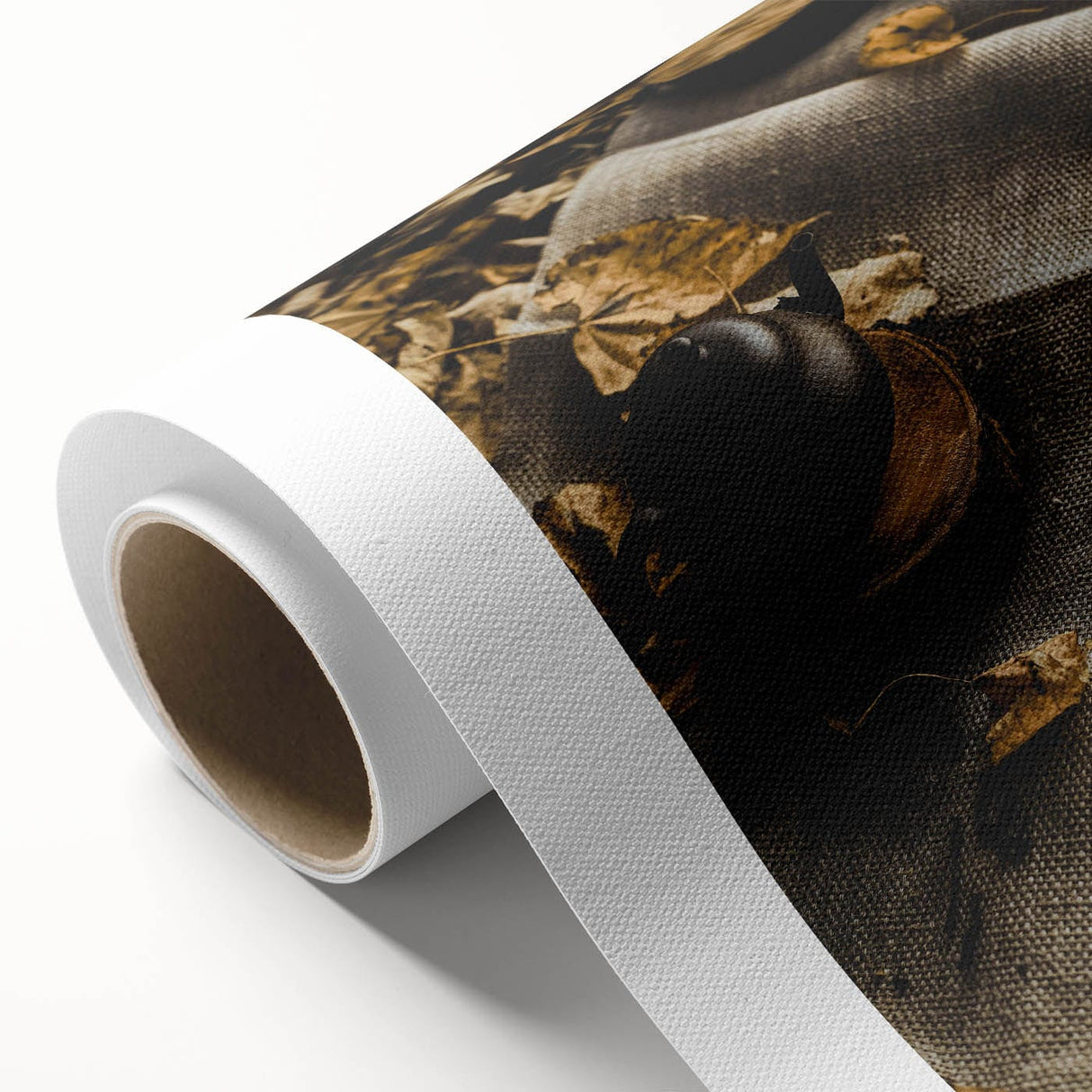 Art deco poster featuring autumnal trees in orange and brown shades on rolled canvas.