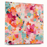 Abstract floral wall art displayed in a side view, featuring vibrant colors and intricate details, mounted with decorative pins on a sleek acrylic glass surface, ideal for modern decor.