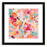 Abstract floral wall art framed with a black mat, showcasing vibrant colors and intricate patterns, perfect for modern home decor. Ideal for adding elegance to any room.