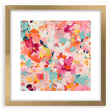 Abstract floral wall art framed with a gold border, showcasing vibrant colors and intricate designs, perfect for modern home decor. The matting highlights the artwork's elegance, making it an ideal centerpiece for any room.