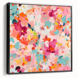 Framed canvas wall art showcasing an abstract floral design in vibrant colors, featuring a sleek black frame, ideal for modern home decor. Perfect for adding a touch of elegance and creativity to any room.
