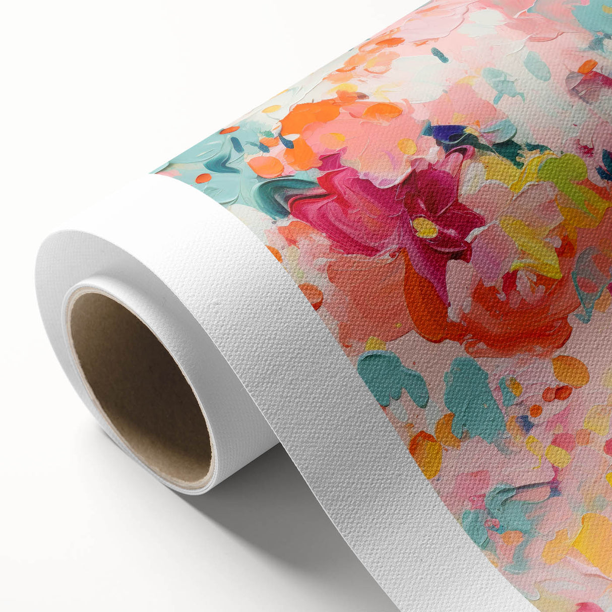 Abstract floral wall art design on rolled canvas, showcasing vibrant colors and intricate patterns, ideal for modern home decor, packaged securely in a tube.