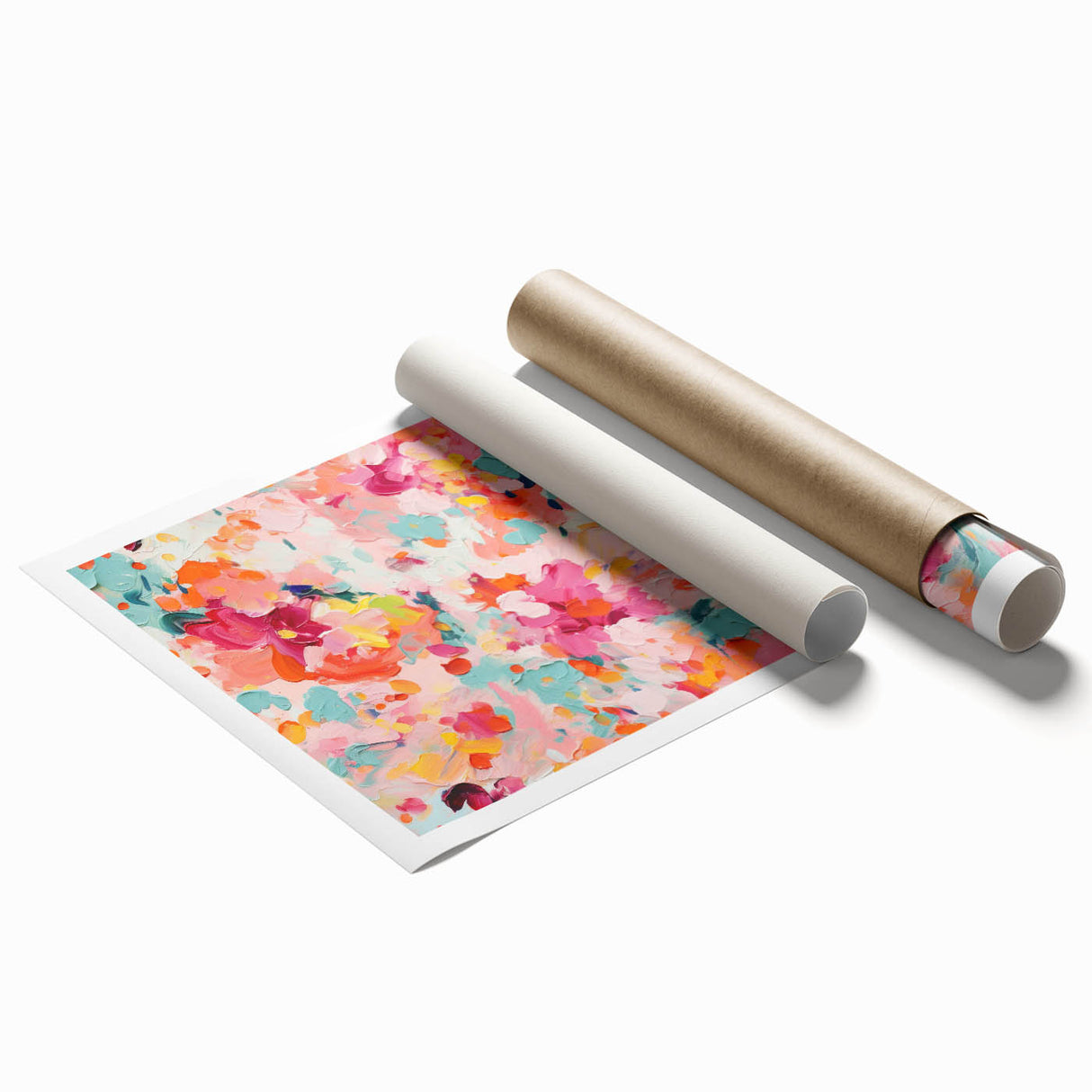 Abstract floral wall art print showcasing vibrant colors and intricate designs, rolled and ready for framing. Perfect for modern home decor and artistic accents.