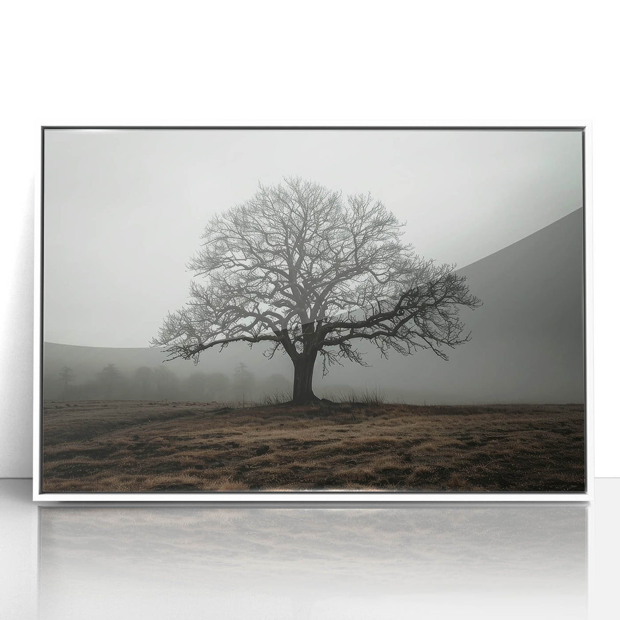 Framed abstract landscape wall art in white acrylic, showcasing a serene blend of soft blues and earthy tones, perfect for modern home decor.