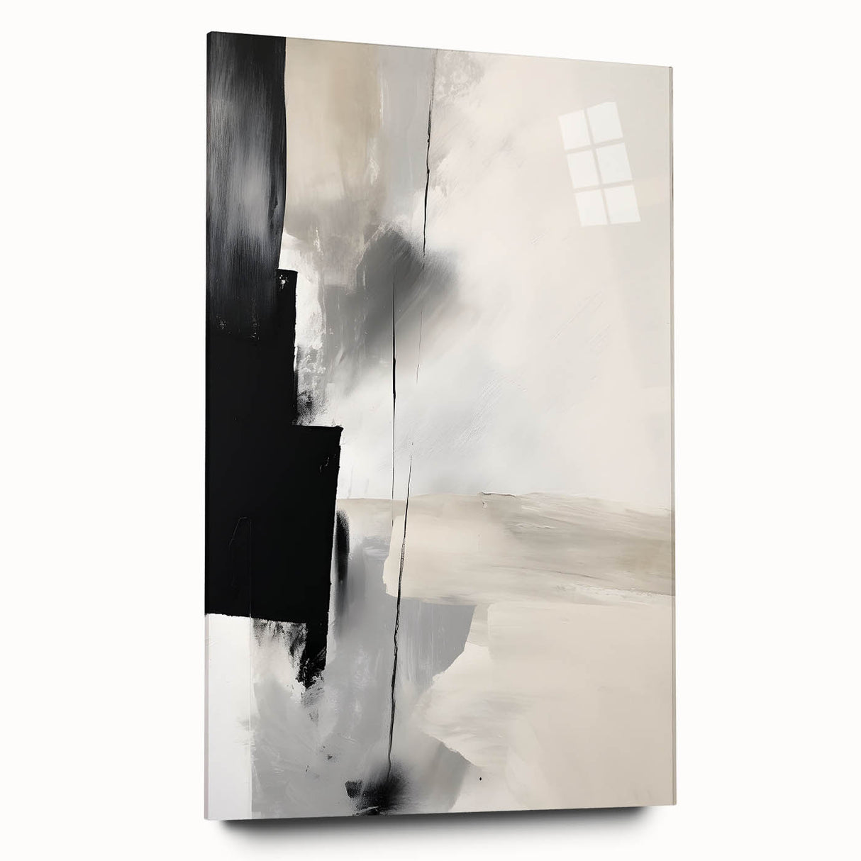 Abstract minimalist wall art design featuring vibrant colors and geometric shapes printed on acrylic glass, displayed from a side view without pins, ideal for modern decor.