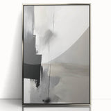 Framed abstract minimalist wall art in a sleek silver frame, showcasing elegant geometric shapes and soft neutral tones, perfect for modern home decor.