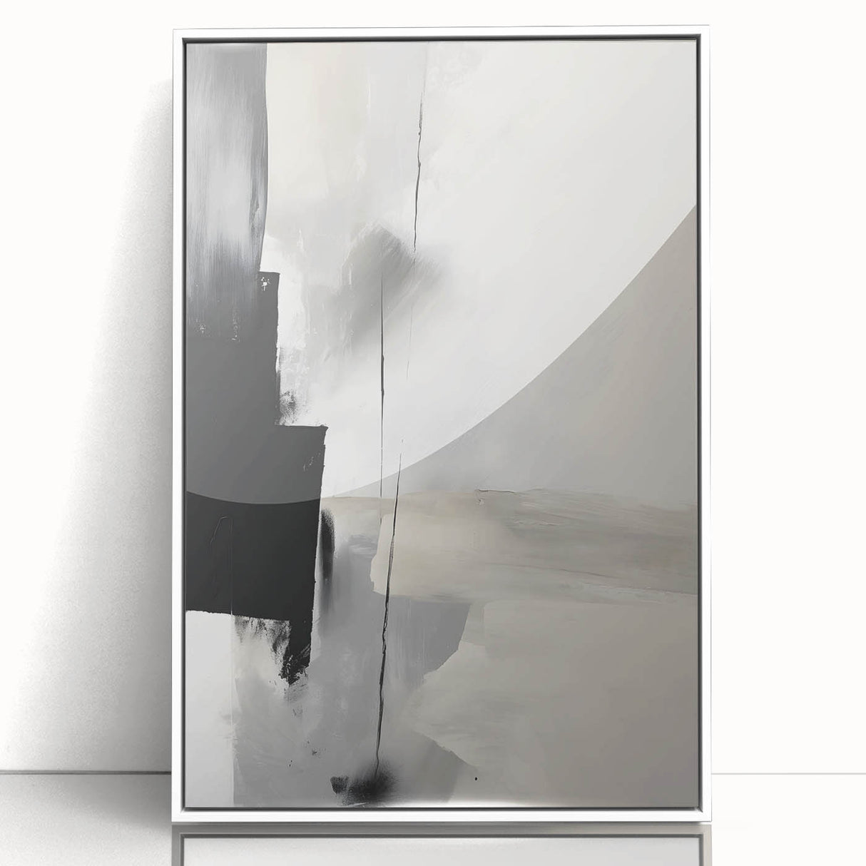 Framed abstract minimalist wall art featuring a white and gray design, displayed from the front, perfect for modern home decor. Ideal for enhancing contemporary interiors.