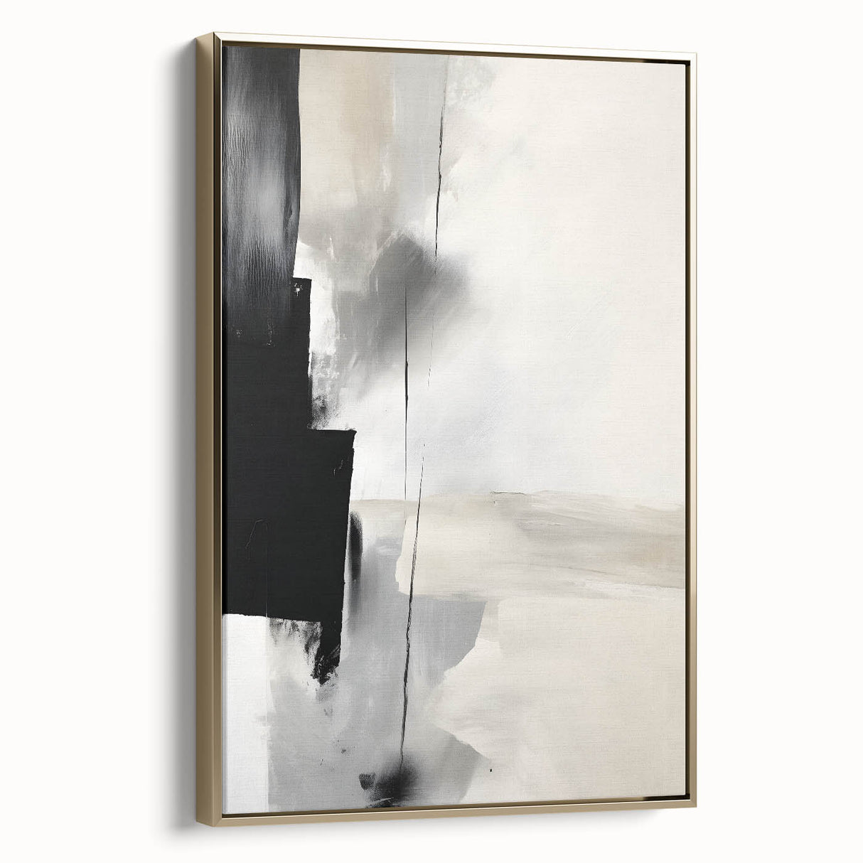 Framed abstract minimalist wall art featuring elegant gold tones, showcasing a sleek side view against a neutral background, perfect for modern decor.