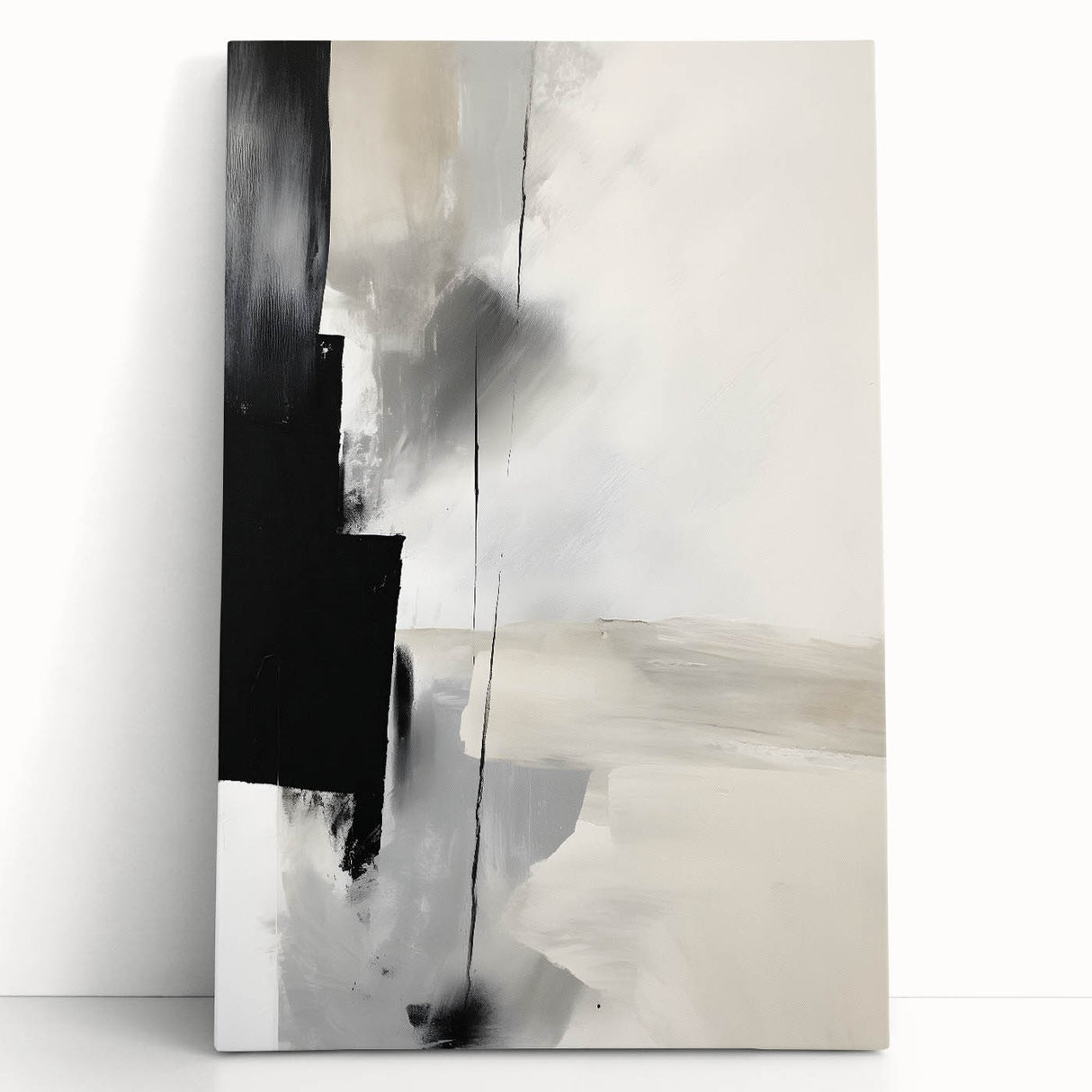 Abstract minimalist wall art on stretched canvas, featuring soft pastel colors and geometric shapes, leaning against a neutral wall for a modern decor vibe. Perfect for contemporary home styling.
