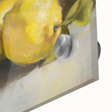 Close-up of large abstract fruit art on acrylic glass with vibrant colors, ideal for dining room art.