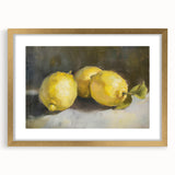 Extra large abstract art print featuring textured fruit designs in vibrant colors, framed in gold.