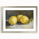 Textured abstract art print of colorful fruits on a silver-framed canvas, suited for bedroom art.