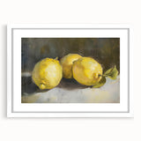 Abstract art prints featuring assorted fruits in vibrant colors on a white framed poster, ideal for dining room decor.