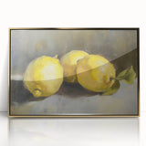 Large art print of assorted fruits in bold colors on a gold framed acrylic, in a mid-century modernist style.