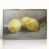 Mid-century modernist art depicting assorted fruits in vibrant colors on a silver-framed acrylic print.