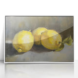 Art Deco style poster featuring assorted fruits in bold colors, framed in white acrylic.