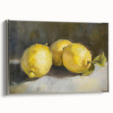 Landscape art painting featuring colorful fruits on a black background, framed in silver, ideal for kitchen wall art.