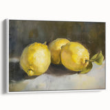 Vintage poster art of colorful fruits on a black background, framed canvas, ideal for living room decor.