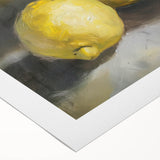 Art deco poster featuring an array of fruits in vibrant colors on a rolled canvas, suitable for dining room decor.