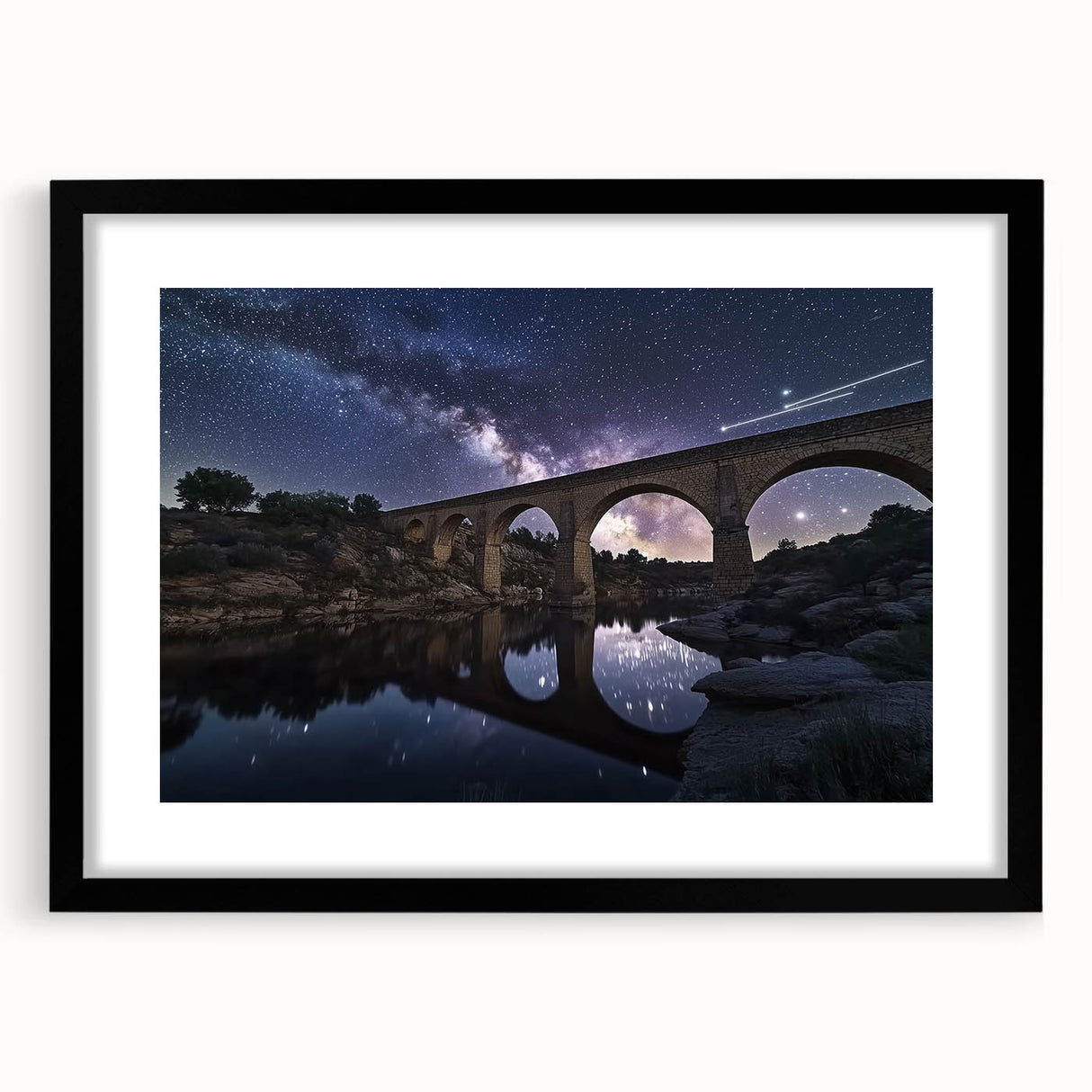 Black landscape bridge frame with a white mat, showcasing a modern design, perfect for enhancing home decor. Ideal for art displays and photography.