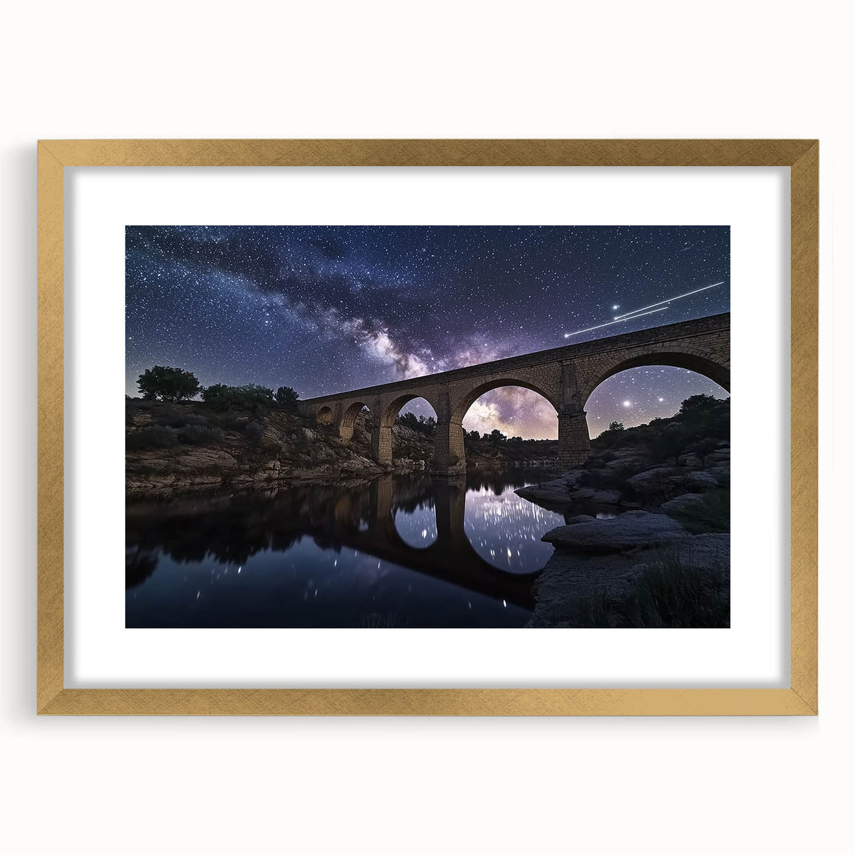 Elegant gold landscape bridge frame with a mat, showcasing a front view of intricate detailing, perfect for enhancing home decor and art displays. Ideal for art lovers seeking stylish framing options.