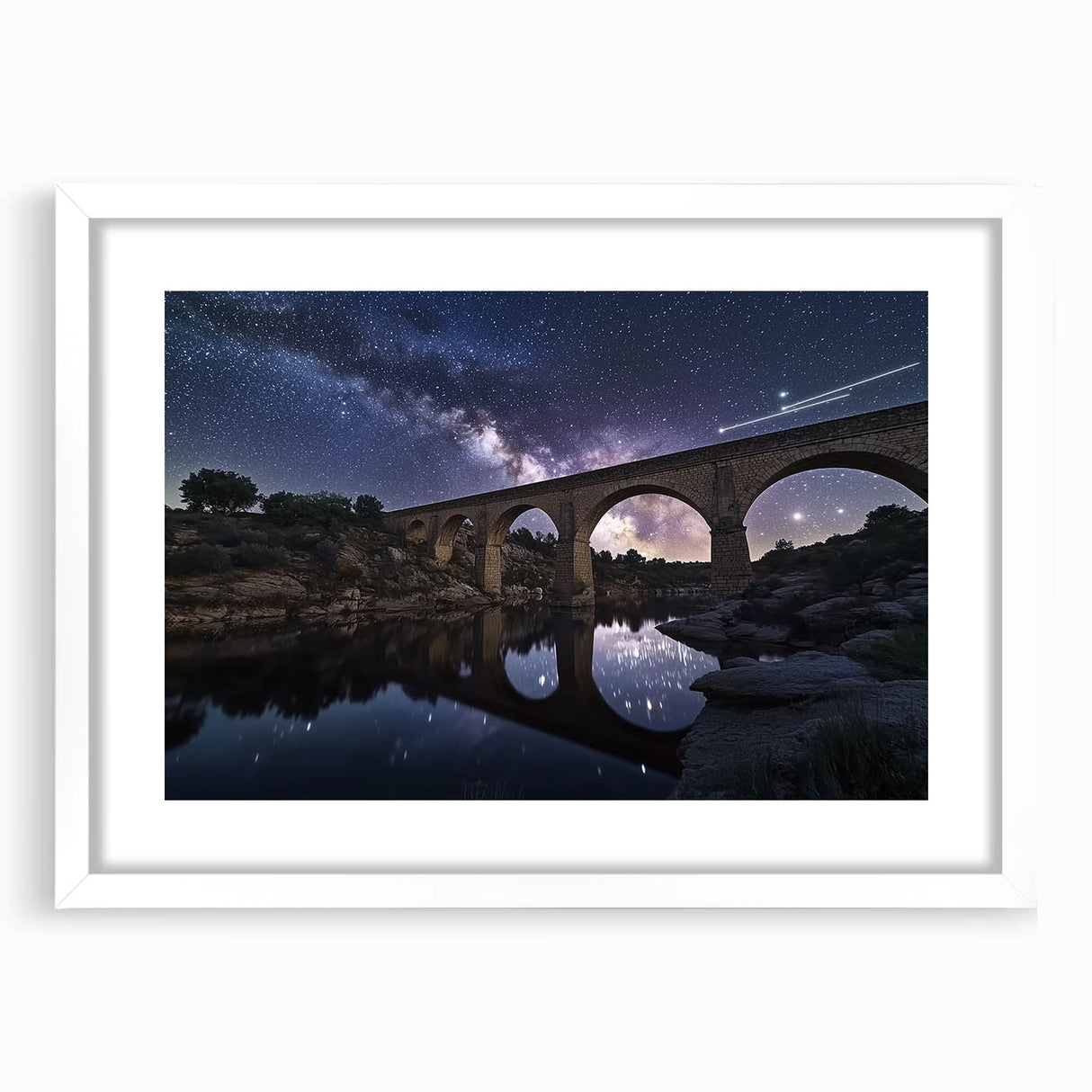 Landscape bridge frame with a white mat, showcasing a modern design. The frame features a sleek finish, perfect for enhancing home decor. Ideal for art displays.