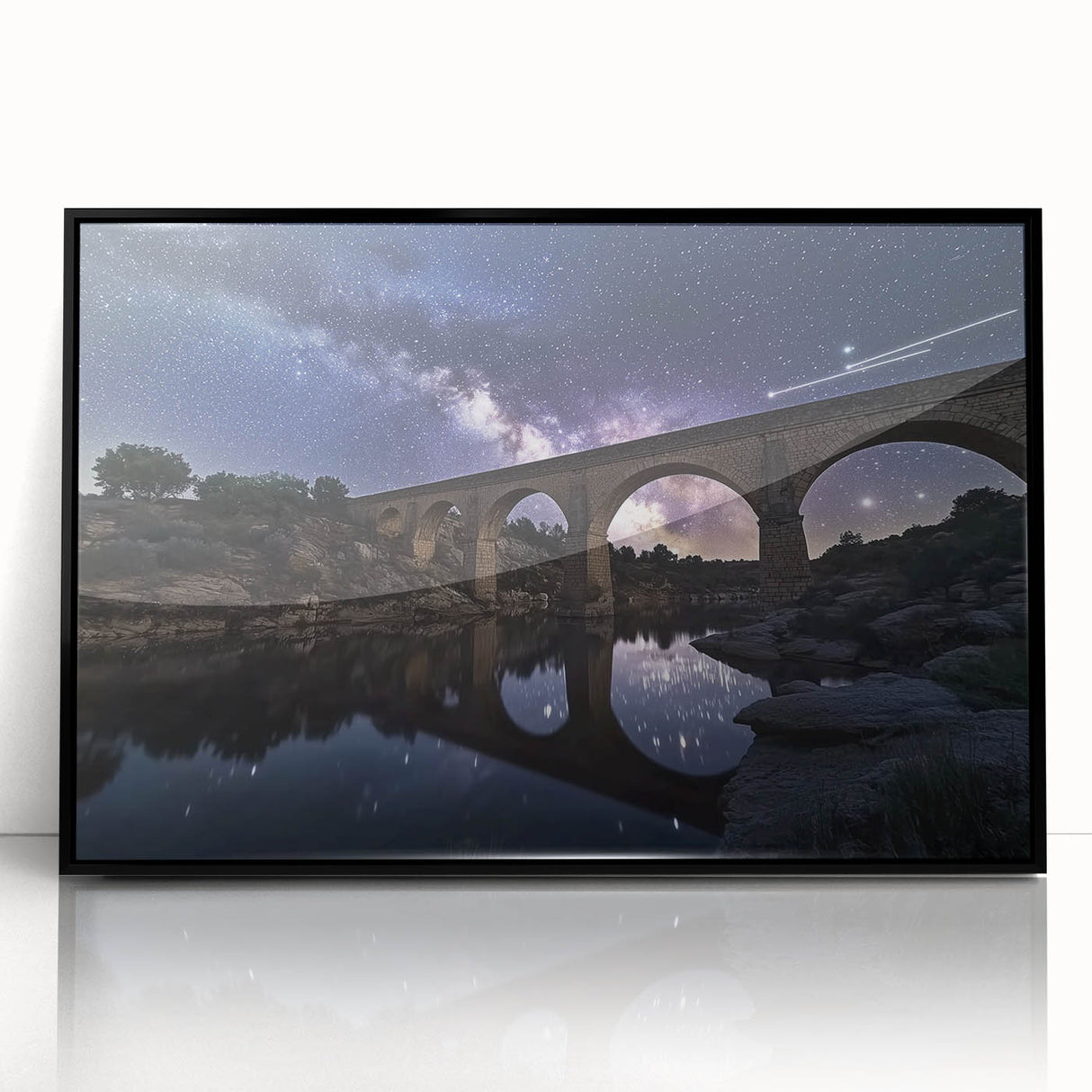 Framed acrylic artwork of a black landscape bridge, showcasing intricate details and vibrant colors, perfect for modern home decor and art enthusiasts.