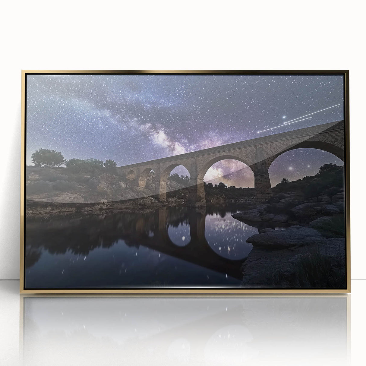 Framed acrylic artwork depicting a vibrant landscape bridge scene, featuring rich gold accents and a modern design, ideal for home decor and art enthusiasts.