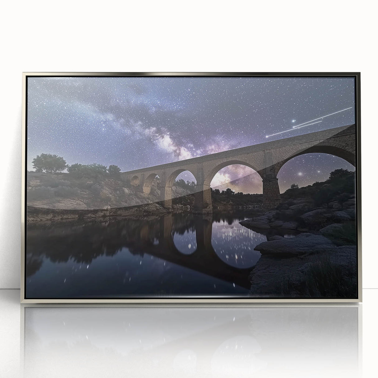 Framed acrylic artwork of a serene landscape bridge, featuring vibrant colors and intricate details, ideal for enhancing modern home decor.