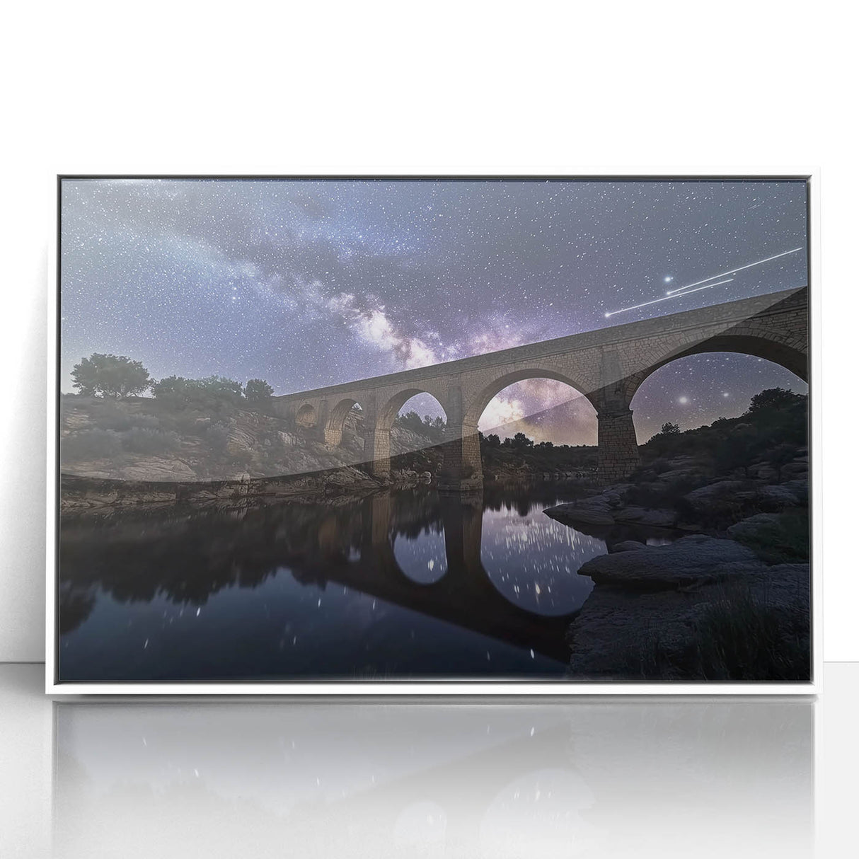 Framed acrylic artwork depicting a serene landscape bridge scene, featuring vibrant colors and fine details, ideal for enhancing home decor.