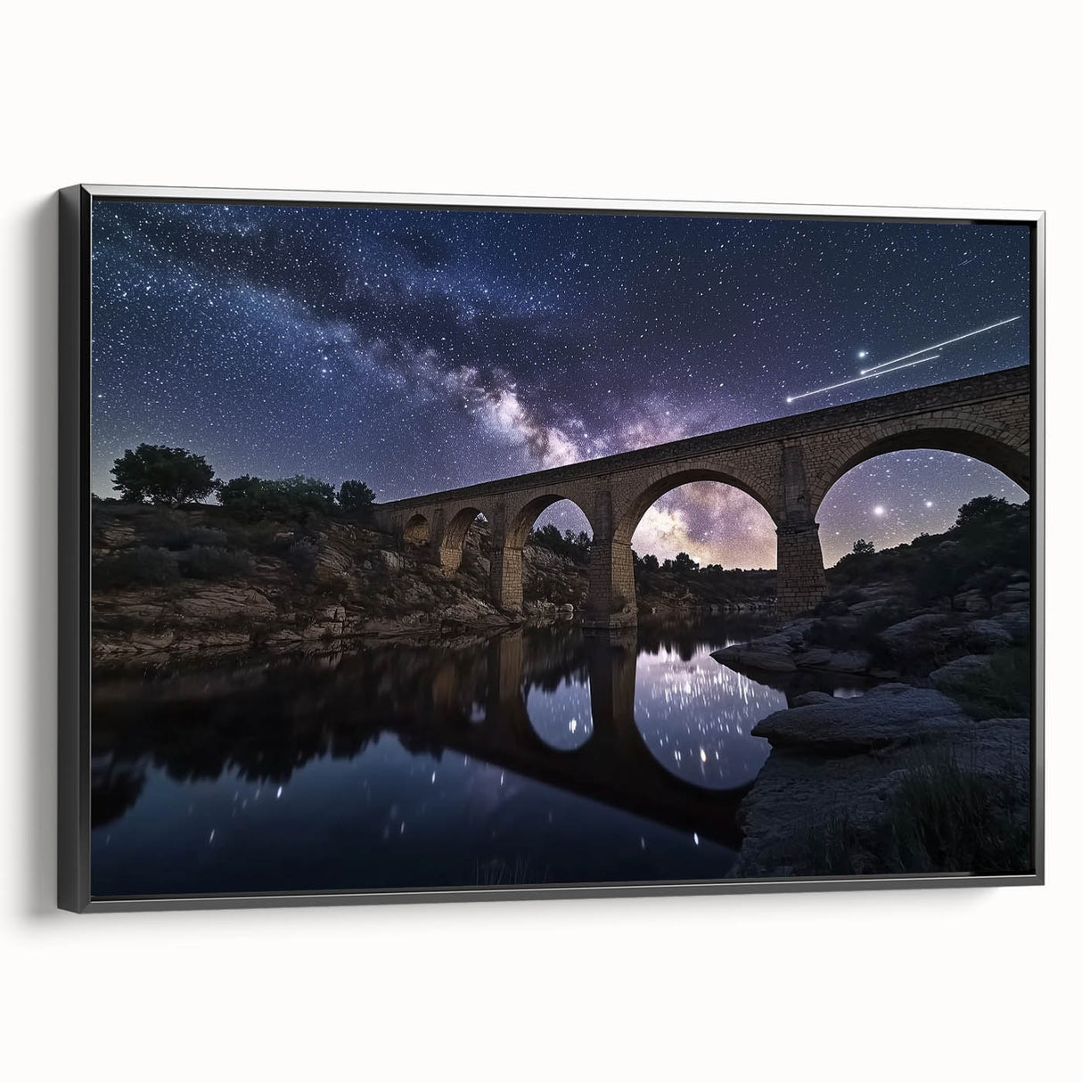 Framed canvas artwork depicting a scenic landscape bridge in black, showcasing intricate details and vibrant colors, perfect for home decor and aesthetic enhancement.