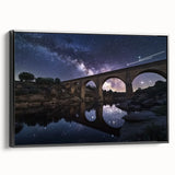 Framed canvas artwork depicting a scenic landscape bridge in black, showcasing intricate details and vibrant colors, perfect for home decor and aesthetic enhancement.