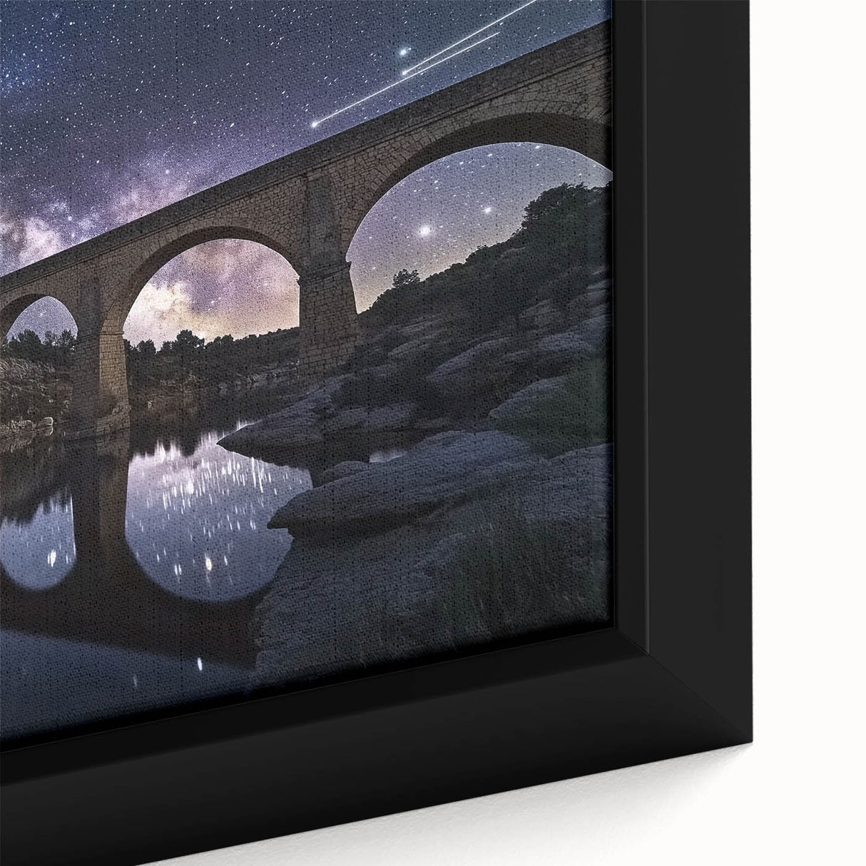 Close-up of a framed canvas depicting a serene landscape bridge scene, showcasing vibrant colors and intricate details, ideal for home decor enthusiasts.