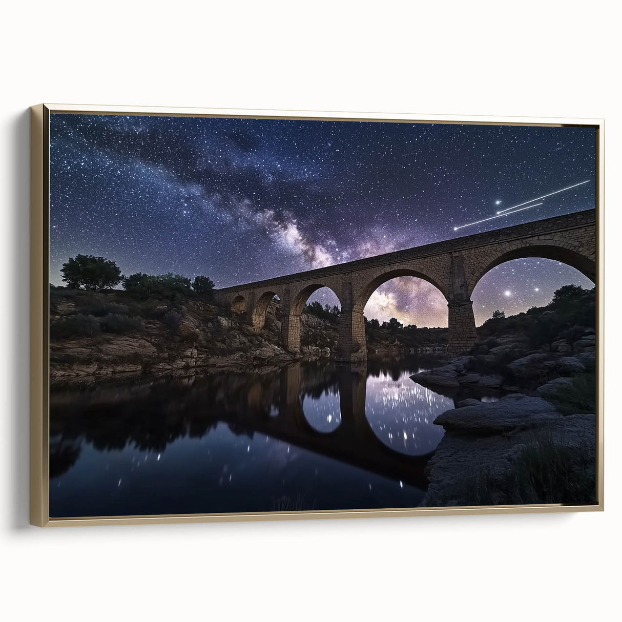 Framed canvas artwork depicting a stunning landscape view of a bridge, highlighted with gold accents and set against a serene backdrop, ideal for home decor.