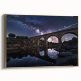 Framed canvas artwork depicting a stunning landscape view of a bridge, highlighted with gold accents and set against a serene backdrop, ideal for home decor.