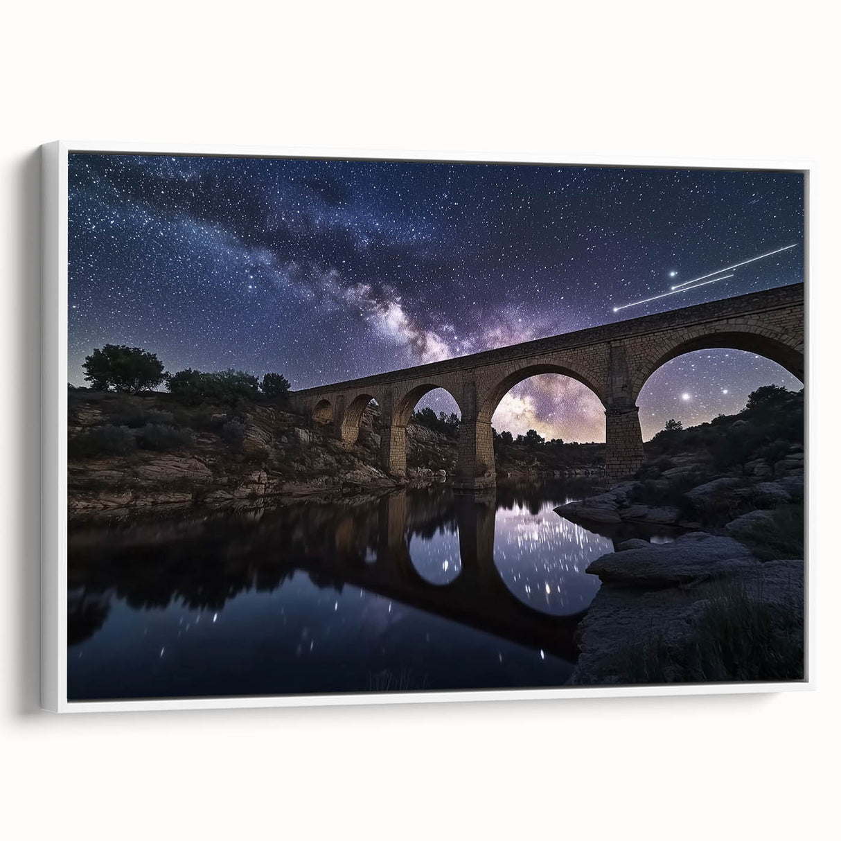 Framed canvas artwork depicting a serene landscape bridge scene, showcasing vibrant colors and intricate details, ideal for home decor and artistic ambiance.