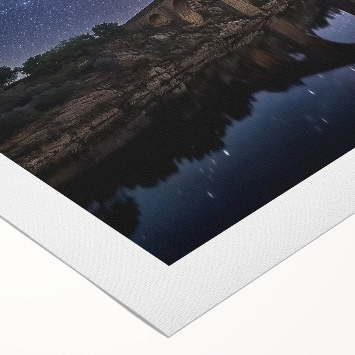 Rolled canvas artwork showcasing a vibrant landscape bridge design, featuring rich colors and intricate details, securely packaged in a protective cardboard tube for safe delivery.