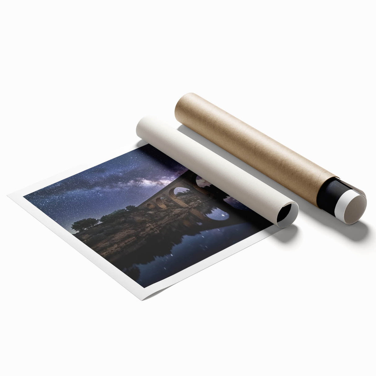 Landscape bridge artwork printed on high-quality canvas, showcasing vibrant colors and intricate details, rolled and securely packaged in a protective tube for easy transport and display.